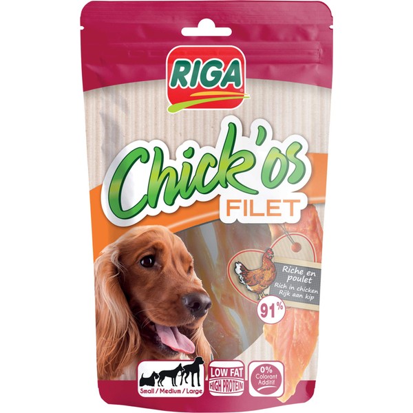 Riga - Chick'Os Filet - Friandise pour Chien Riche en Poulet et en Protéine - Faible Teneur en Matière Grasse - Sans Colorants ni Additifs - Paquet de 100g
