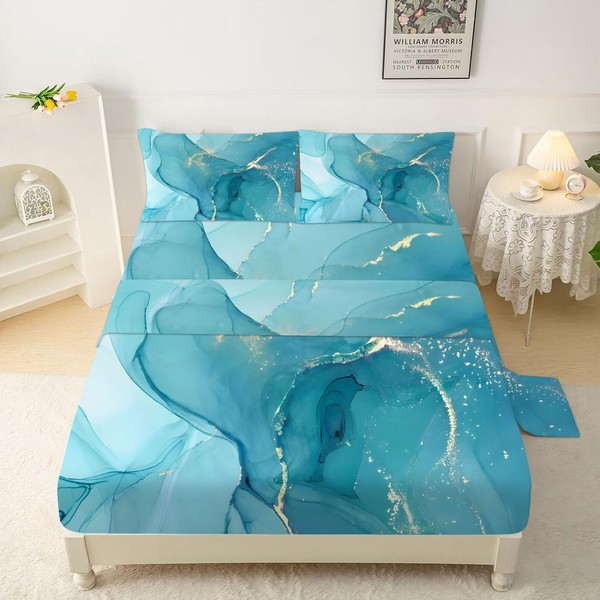 VTKON Girls Boys Marble Bed Sheet Aesthetic Blue Gold Full