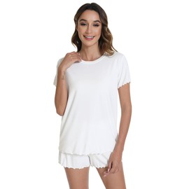 WiWi Soft Viscose from Bamboo Pajamas for Women Summer Short Sleeve Top with Shorts Pajama Set Cooling Sleepwear S-XXL, Raw White, Medium