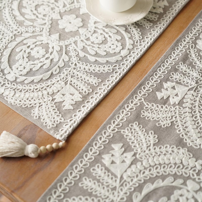 Artbloss Embroidered Table Runner Boho Farmhouse Dresser Scarf Macrame Rustic