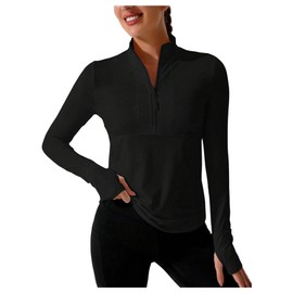 SOLY HUX Women's Half Zip Workout Tops Mock Neck Long Sleeve Pullover Athletic Workout Yoga Shirts with Thumb Hole Plain Black Small