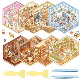 CHENYU 8 Sets of 3D Stickers + 1x Tweezer + 2 Spatulas 3D Stickers Scene Cute Cartoon Maker Café Library Bakery Clothing Store Fast Food Restaurant Supermarket