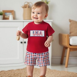 Fufuriprefer 4th of July Baby Boy Summer Outfit Embroidery Letters T-shirt Plaid Shorts Set Toddler Fourth of July Clothes (Red, 18-24 Months)