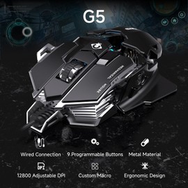 SEUNKWANG EWEADN G5 Wired Gaming Mouse, Ergonomic RGB Computer Mouse, 12800 Adjustable DPI, 9 Programmable Macro Buttons with Rapid Fire Key Compatible for PC/Laptop/Windows-Black&White