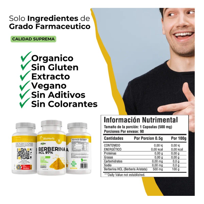 Berberina Hcl Clorhidrato Cápsulas Días Potente Formulacion Alta Concentracion Absorcion