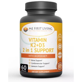 Me First Living K2+D3 Vitamin with Bioperine - 2 in 1 Support - 60 Capsules