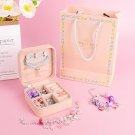 Kit para hacer pulseras con dijes para niñas, 66 piezas de joyería con Con joyero y bolsa de regalo, kit de joyería de regalo para niñas adolescentes, regalos perfectos para niñas de 5 a 12 años (rosa)