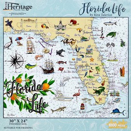 Heritage Puzzle - Florida Life by Kira Talerico 1000 Piece Puzzles for Adults - Detailed Florida Map and Wildlife Art - Frameable Jigsaw Puzzle 30" x 24" Finished Size