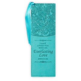Christian Art Gifts Premium Vegan Leather Scripture Bookmark for Men & Women: Everlasting Love - Jeremiah 31:3 Inspirational Bible Verse, Heat-Debossed, Faith-Based Reading Accessory w/Tassel, Teal