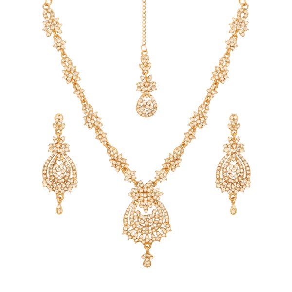 Touchstone Indian Bollywood Trends Filigree Floral Pattern Sparkling Rhinestone Designer Jewelry Necklace Set Mangtika In Antique Gold Tone For Women.