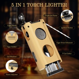 XIFEI Cigar Lighter, 5-in-1 Multifunctional Torch Lighter with Cigar Cutter, Built-in Cigar Punch, Cigar Holder, Cigar Draw Enhancer, Refillable Triple Jet Flame Windproof Smoking Lighters (Gold)