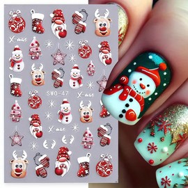 Christmas Nail Art Stickers 2Pcs Xmas Decals Elk Snowman Design Cute Red Pink Self Adhesive Winter Art Supplies for Women Manicure Decorations