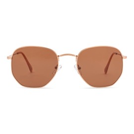 Rae Dunn - RAYA Premium Sunglasses with HELLO SUNSHINE. Signature Artwork (Matte Rose Gold Frame w/Brown Lens)