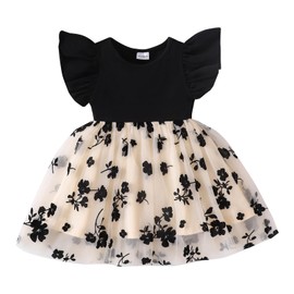 TENTIDE Baby Girl Butterfly Dress Tutu Ruffle Sleeveless Dresses Photograph Party Outfits Birthday Gift(12-18 Months,Black Flower)