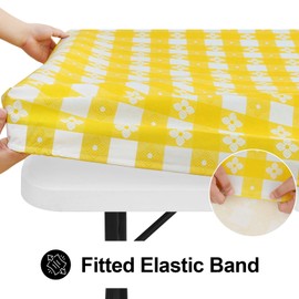 Spotjoy Rectangle Picnic Table Cloth, Waterproof Elastic Fitted Outdoor Table Covers for 6 Foot Tables, Flannel Backed Plastic Tablecloths for Camping, Dining and Indoor (30"x72", White & Yellow)