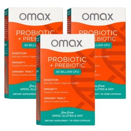 Omax Probiotic & Prebiotic 50 Billion CFU + Chicory Inulin, – 10 Strains Digestive Health Supplement – Supports Gut Health, Bloating Relief, Vegan, Dairy-Free, Gluten-Free, Non-GMO (3 Pack)