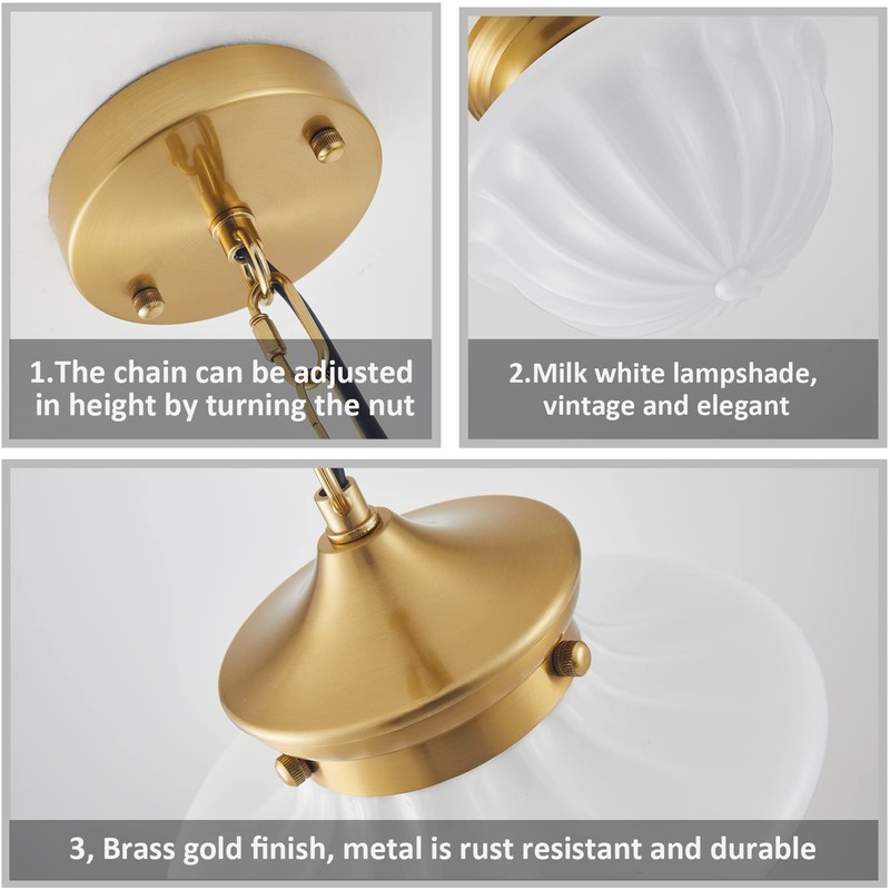 youngrender Schoolhouse Pendant Fixtures, 9" Brass Gold Milk Glass Pendant