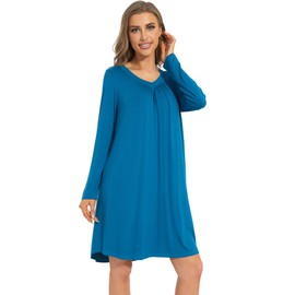 WiWi Women's Viscose from Bamboo Nightgowns Long Sleeve Warm Nighties Sleepshirts Loose V-neck Sleepwar Pjs Dress S-XXL, Teal Blue, XX-Large
