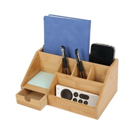 Desk Organizer, Modern Simple Bamboo Wooden Office Desktop Storage Organizer with a Drawer, Multifunctional Stationary Organiser for School, Dormitory
