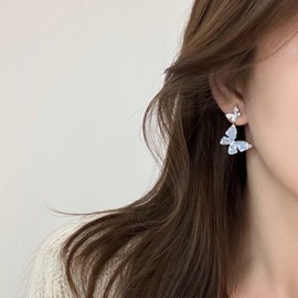 Boho Butterfly Stud Drop Earrings Vintage Enamel Butterfly Dangle Stud Earrings Fashion Big Pearl Drop Earrings Jewellry For Women And Girls (SkyBlue)