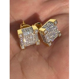 Woman's & Men's Real Solid 925 Silver 14k Gold Iced CZ Cube Hip Hop Earrings Stud Aretes Hombre