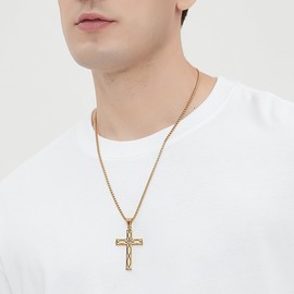 Jurikko Celtic Irish Knot Cross Necklace for Men Boys Stainless Steel Infinity Gold Cross Pendant Necklace Rolo Chain 28'', Stainless Steel, No Gemstone