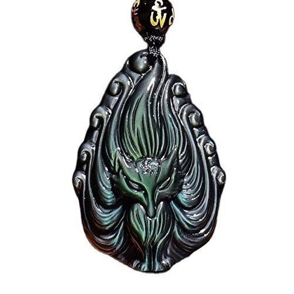 Obsidian crystal nine tail fox pendant necklace with bead chain