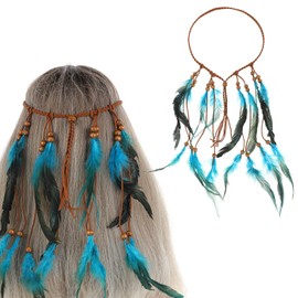 guduling Indian Feather Headband,Boho Indian Headdress,Native American Headdres,Indians Headdress,Hippie Headbands for Women,Hair Accessory for Women(Blue)