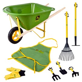 John Deere Deluxe 34" Wheelbarrow and Garden Set Includes 5 Realistic Gardening Tools,Gardening Apron, Gardening Gloves, Large Wheelbarrow, Outdoor Toy Ages 5+