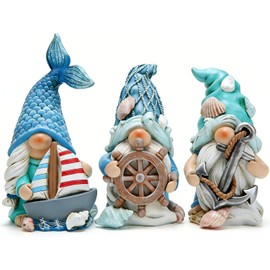Hodao Coastal Nautical Gnome Figurines Set, Ocean Theme Resin Gnome Decor with Anchor Helm Sailboat, Beach Coastal Home Tabletop Decoration Gift for Spring Summer All Season