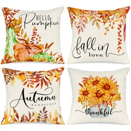 Ywlake Fall 22x22 Throw Pillow Covers Set of 4, Pumpkin Sunflower Decorative HolidayPillow Case 22 x 22 Autumn Cushion Covers Thanksgiving Pillowcase for Indoor Home Bedroom Couch Sofa Decor