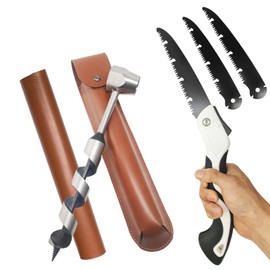 MinliGUY Hand Auger Wood Drill, Upgrade Welds Bushcraft Auger w/ Sharp Scottish Eye, Survival Tools for Bushcraft Projects/ Camping/Outdoors, 1*10inch Settlers Wrench & Folding Saw Kit, Bushcraft Gear