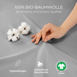 Dreamzie Premium Fitted Sheet 90 x 200 cm to 100 x 200 cm Anthracite, Fitted Sheet Made from 100% Jersey Organic Cotton, 150 g/m² - Oeko-Tex