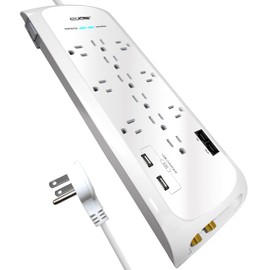 Digital Energy 12 Outlet 4200 Joules Surge Protector Power Strip with 2 USB (4.2A) Ports, 6 Foot 14/3 AWG Cord, Coax/Phone/Ethernet Protection, 6 Wide Spaced Outlets,White