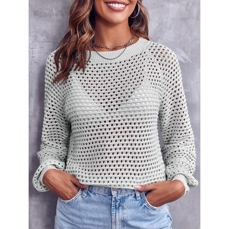 Saodimallsu Women's Crew Neck Mesh Long Sleeve Tops Plain Elegant