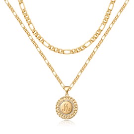 GLIJWELE Layered Initial Gold Necklaces for Women, 14K Gold Plated Figaro Chain Initial M Coin Necklace for Women Trendy Gold Jewelry for Women Letter Necklace Gold Pendent Necklace for Women