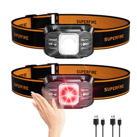 SuperFire Headlights for Head, Led Headlamp Rechargeable with Red Light, 7 Light Modes, IP 44 Waterproof Motion Sensor Head Flashlight for Camping, Hiking, Running, Hunting, Mechanic, 2 Packs(HL75-X)