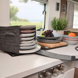 DuneDesign Wohnmobil Tellerhalter Filz für 8 Teller - 27x20x18 Wohnmobil Zubehör Küche - Geschirr Aufbewahrung Wohnwagen Gadget Teller Aufbewahrung Wohnmobil Zubehör Innen Wohnwagen Schrank Organizer