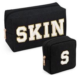 MAGEFY Makeup Bag，2 Pcs Initial Cute Makeup Bag for Purse Corduroy Cosmetic Bag for Girls Women Small Travel Makeup Pouch with Zipper(Black-SKIN+S)