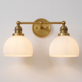 Teqinchy 2-Light Gold Wall Sconces,Vintage Bathroom Wall Sconce Light with Milk Glass Double Arm Brass Bathroom Vanity Light for Living Room Bedroom Kitchen E26 Hardwire Indoor