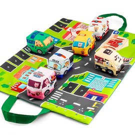 LOOKLEBE 6 Cloth car Toys, car Fabric Toys That can Make The Sound of Bells, Portable Storage Bags with City Road map Patterns, a Total of 6 Cloth Cars, Toys to Soothe Restless Emotions
