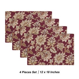 Loom and Mill Luxury Jacquard Placemats Set of 4, Elegant Floral Pattern Non-Slip Table Place Mats for Home Kitchen Party Banquet Decor, Durable & Washable Dining Table Mats(Burgundy, 12x18in)