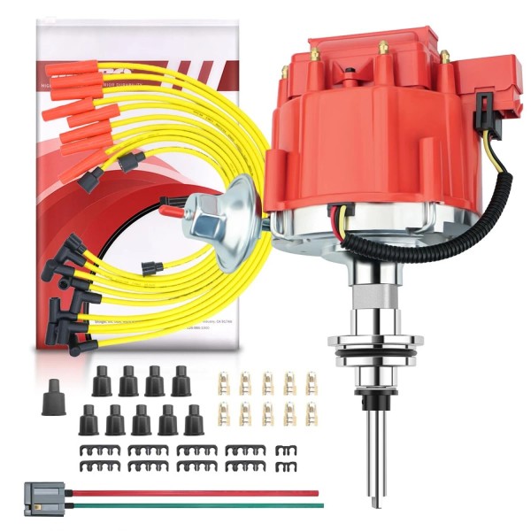 MAS Red Cap HEI Distributor&Spark Plug Wires&Free Pig Tail Kit