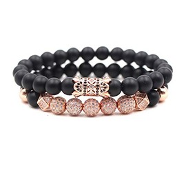 SEVENSTONE 2PCS Black Matte Onyx Prayer Beads Bracelet for Men Women Elastic Natural Stone Rose Gold 8MM