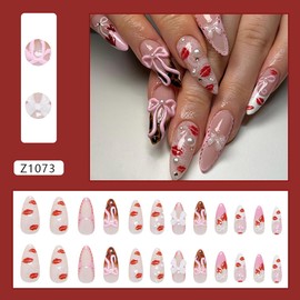 24Pcs leopard Print French Tip Press on Nails Medium Almond Fake Nails with Pearl Rhinestones Design Pink False Nails White Lace Glue on Nails Cute Bow Lips Stick on Nails for Women DIY Manicure Decor
