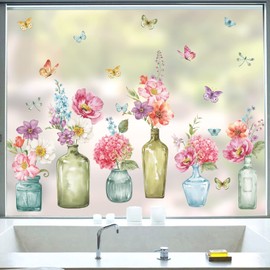wondever Spring Summer Flowers Window Stickers Floral in Jars Butterflies Glass Decal Clings Anti Collision Double-Side Static Window Decals for Home Glass Window