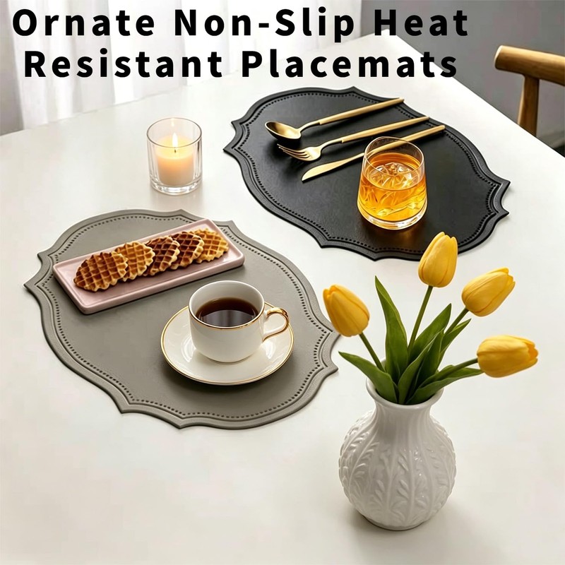 Double-Texture Faux Leather Oval Placemats Set of 6 Washable Heat