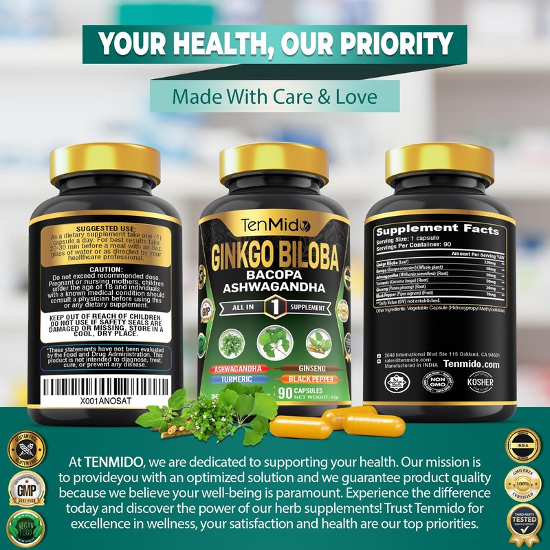 Tenmido Ginkgo Biloba Supplements - 6in1 with Bacopa, Ashwagandha, Turmeric,