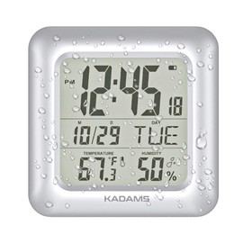 KADAMS Bathroom Clock 9.5" Kitchen Wall Clock with Large LCD Screen – Shower Clock with Suction Cup,Temperature, Humidity, Calendar – Water-Resistant, 4 Mounting Options, Silver