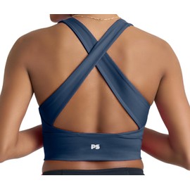 POPSUGAR Long Line Sports Bra Women, Workout Crop Tops for Women Longline Criss Cross Gym Yoga Tops with Built in Bra for Running Pilates Blue Storm, Small